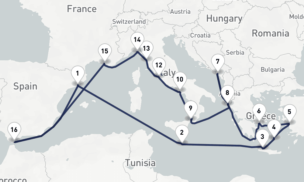21 days, round-trip Ultimate Mediterranean Marvels Collectors Voyage 22日間