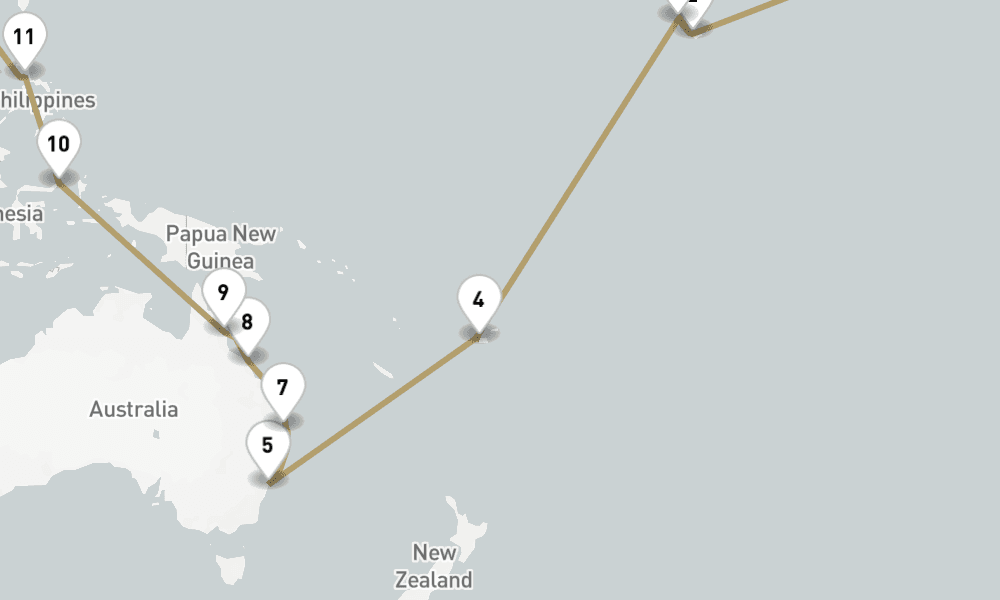 37 days, one-way from Los Angeles to Hong Kong 38日間