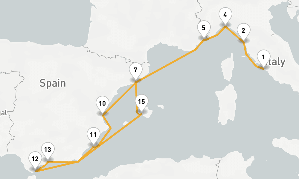 16 days, one-way from Civitavecchia-Rome to Barcelona 17日間