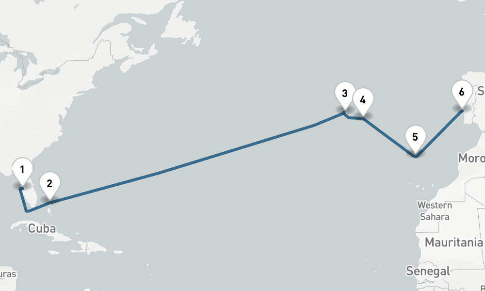 13 days, one-way from Tampa to Lisbon 14日間