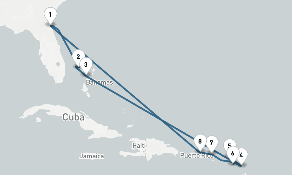 12 days, round-trip Caribbean Round-trip Jacksonville Bahamas St. Thomas 13日間