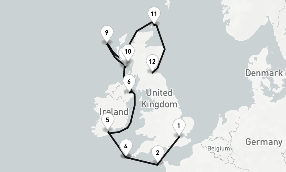 12 days, one-way from London-Greenwich to Leith-Edinburgh 13日間