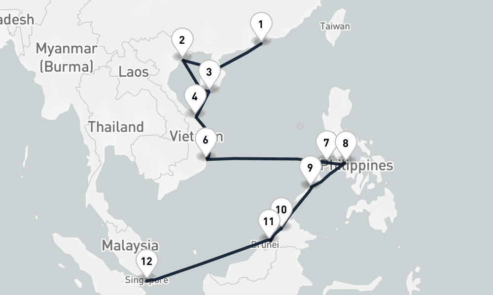 15 days, one-way from Hong Kong to Singapore 16日間
