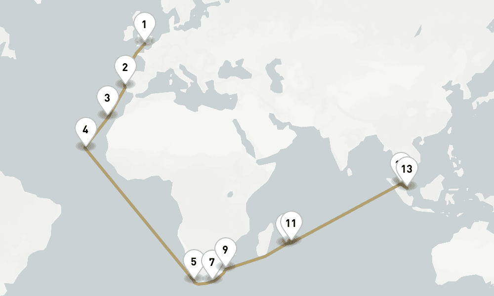 38 days, one-way from Southampton to Singapore 39日間