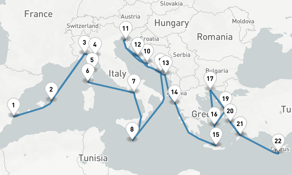 32 nights / 33 days, one-way from Alicante to Limassol