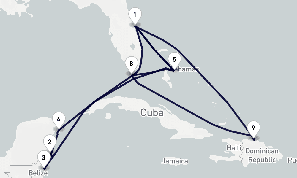 14 days, round-trip Caribbean Bahamas 15日間