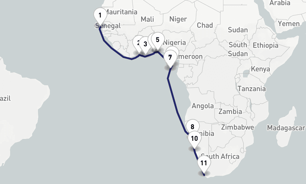 24 days, one-way from Dakar to Cape Town 25日間