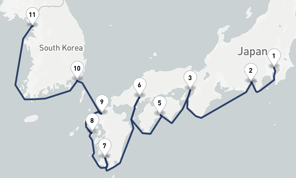 12 days, one-way from Tokyo to Incheon 13日間