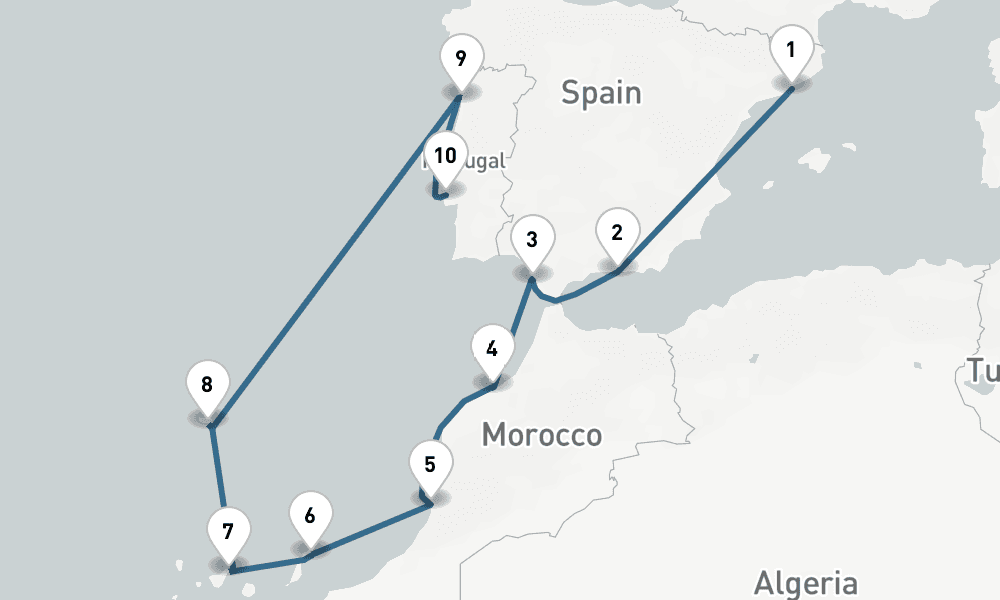 11 days, one-way from Barcelona to Lisbon 12日間
