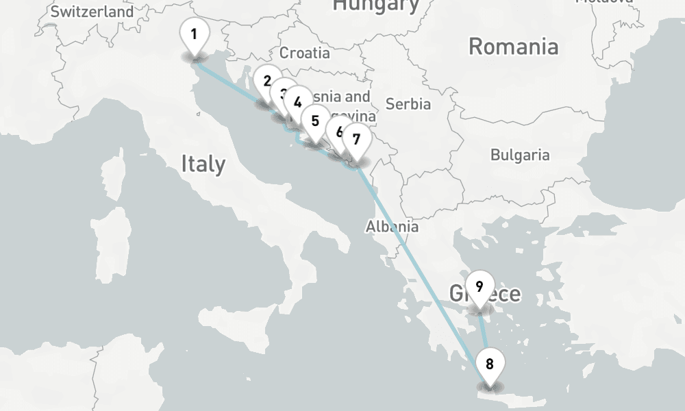 9 nights / 10 days, one-way from Venice to Piraeus (Athens, Greece)