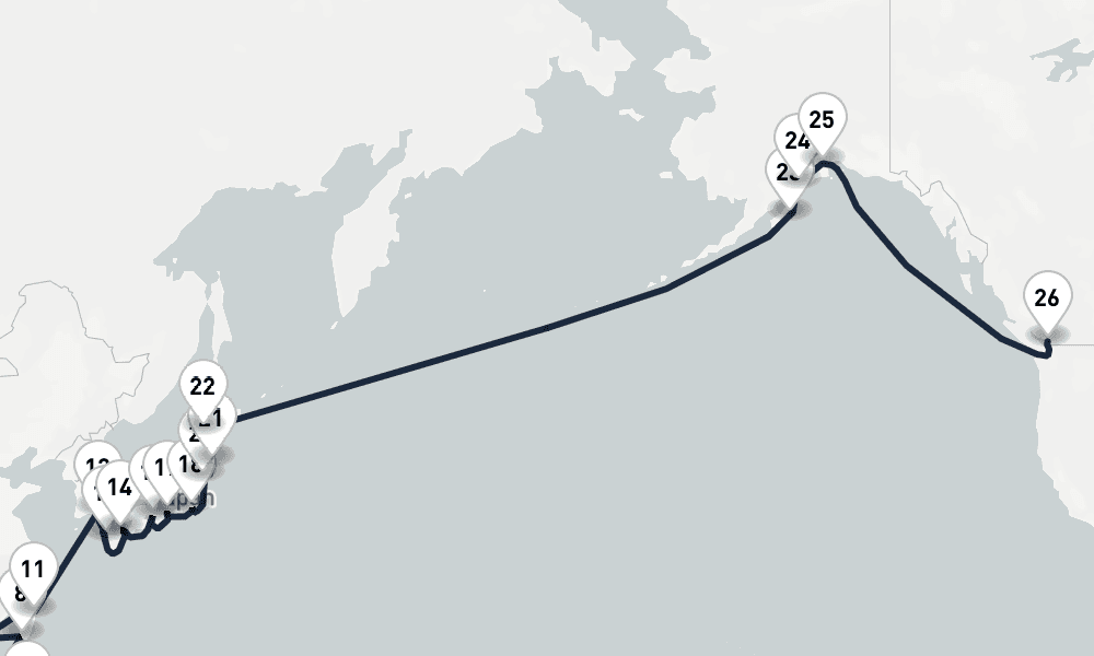 38 days, one-way from Singapore to Vancouver 39日間