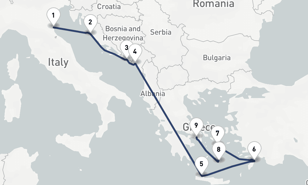 10 days, one-way from Ravenna to Piraeus-Athens 11日間