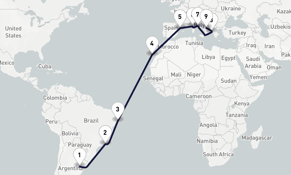 21 days, one-way from Buenos Aires to Bari 22日間