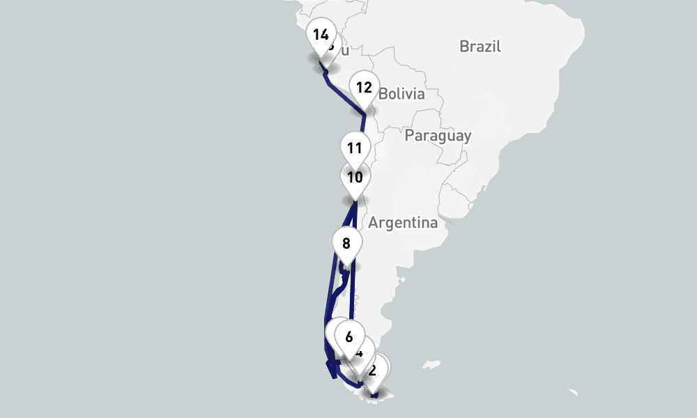 18 days, one-way from Ushuaia to Callao-Lima 19日間