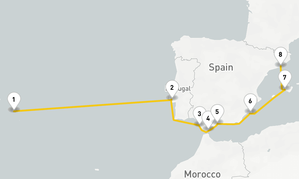 15 days, one-way from New York to Barcelona 16日間