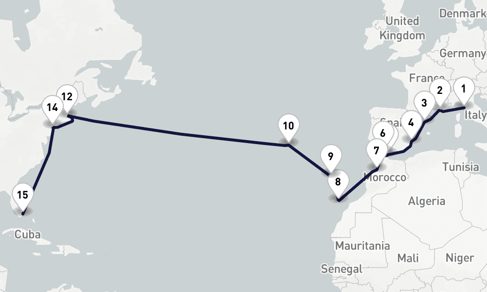 24 days, one-way from Livorno to Miami 25日間