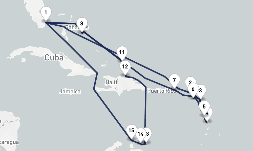 21 days, round-trip Eastern Southern Caribbean Leeward Abc Islands 22日間