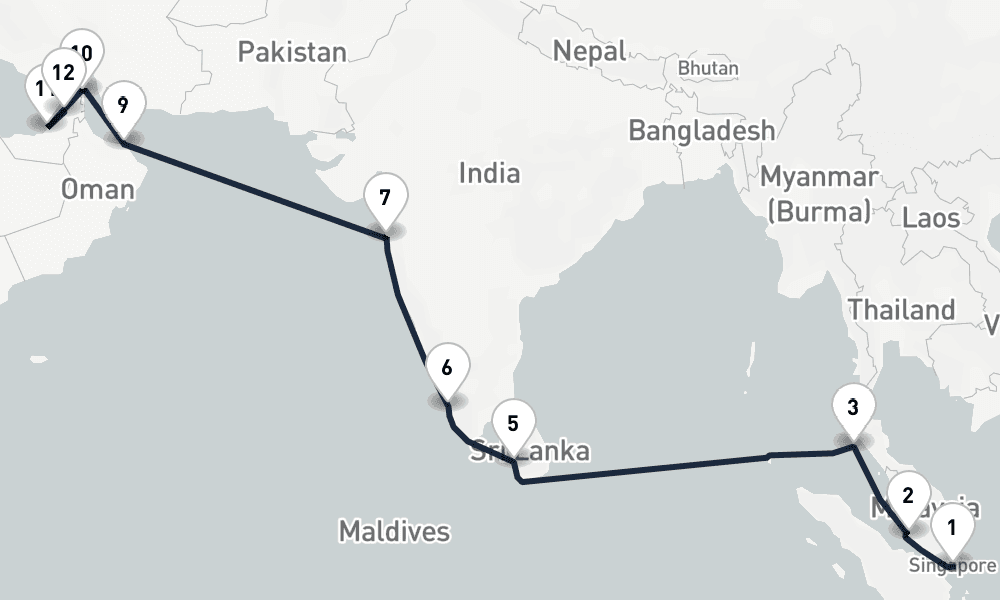 16 days, one-way from Singapore to Dubai 17日間