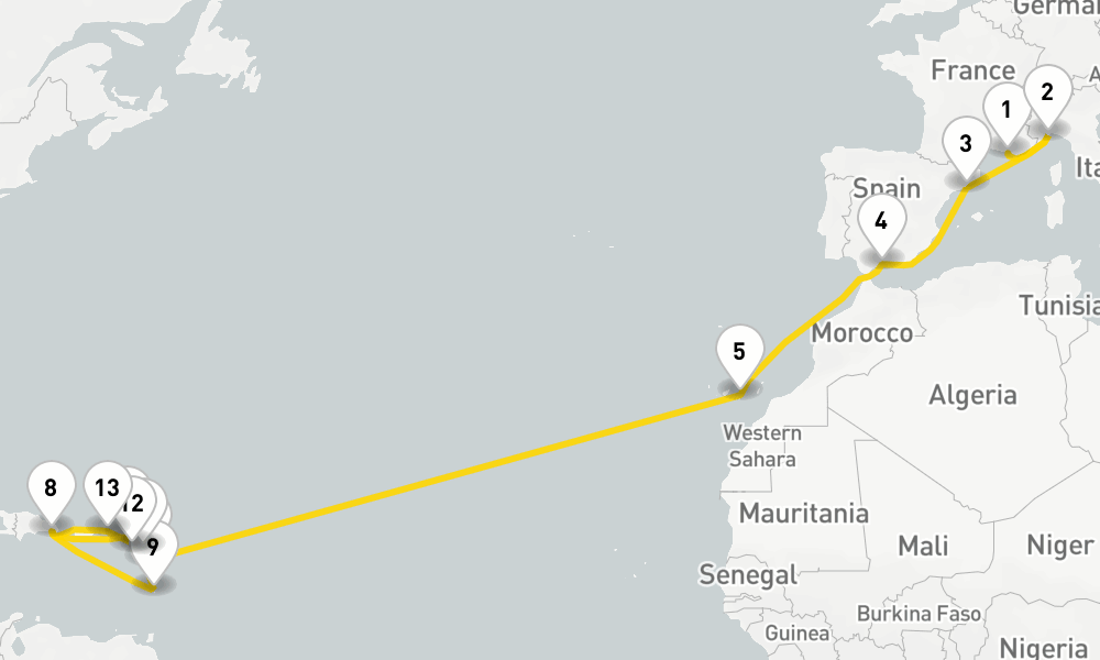 23 days, one-way from Marseille to La Romana 24日間