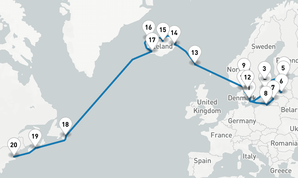 28 days, one-way from Copenhagen to Boston 29日間