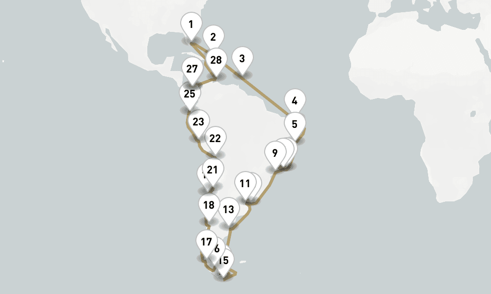 56 days, round-trip South America Discovery From Fort Lauderdale 57日間