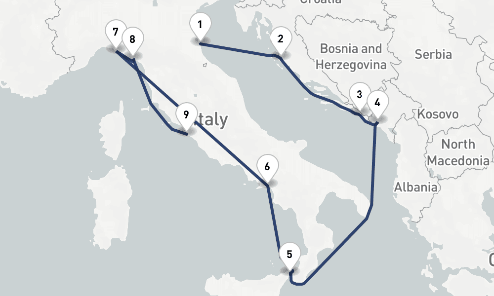 10 days, one-way from Ravenna to Civitavecchia-Rome 11日間