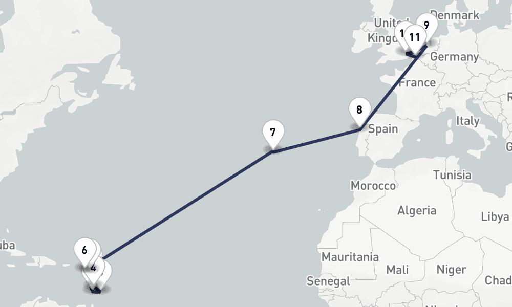 20 days, one-way from Pointe-a-Pitre to Dunkirk 21日間