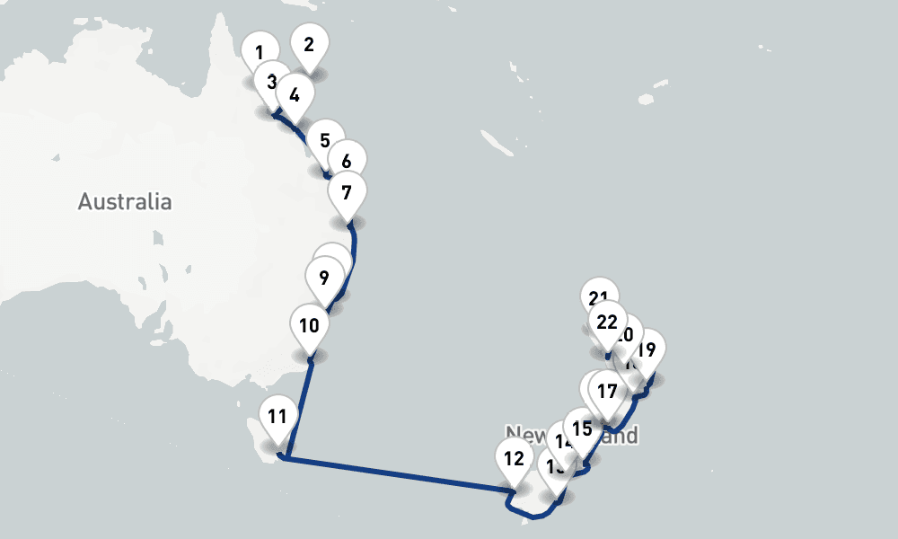 26 days, one-way from Cairns to Auckland 27日間