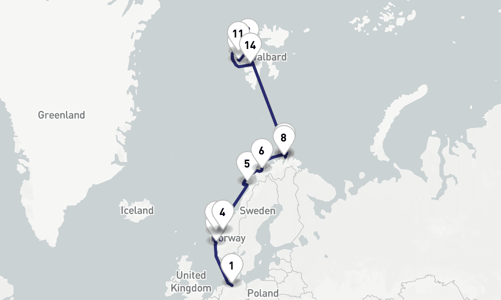 15 days, one-way from Hamburg to Longyearbyen 16日間
