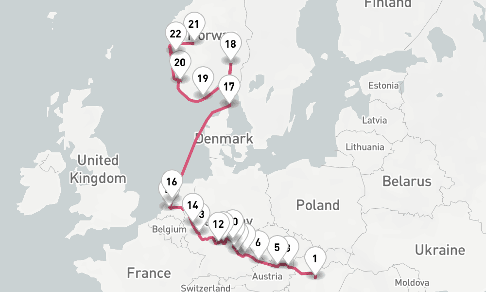 21 days, one-way from Budapest to Bergen 22日間