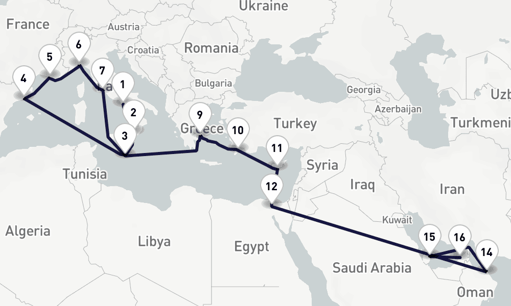 26 days, one-way from Naples to Dubai 27日間