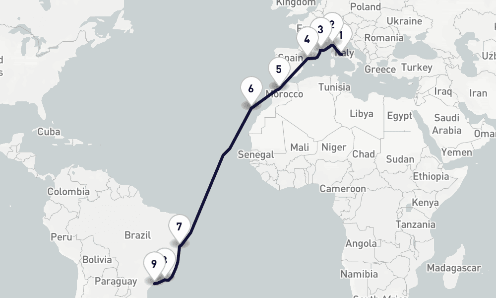 17 days, one-way from Civitavecchia-Rome to Santos 18日間