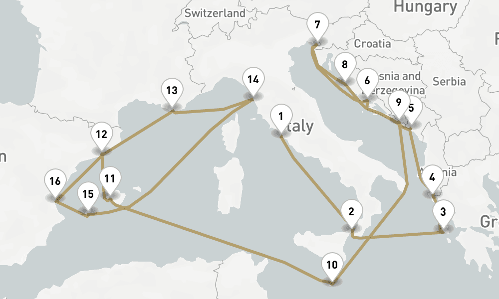21 days, one-way from Civitavecchia-Rome to Barcelona 22日間