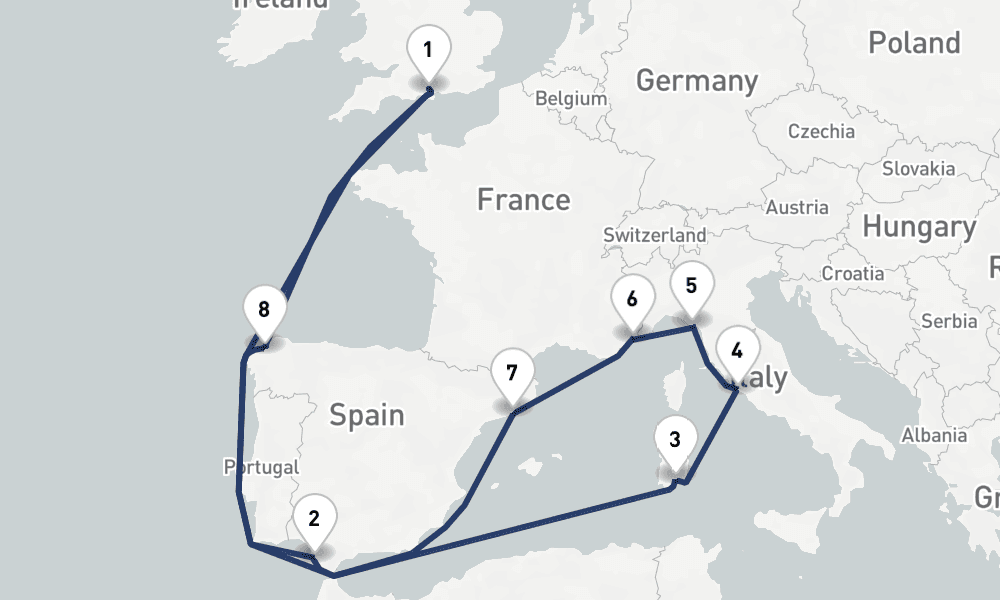 14 days, round-trip Mediterranean, Italy Spain 15日間