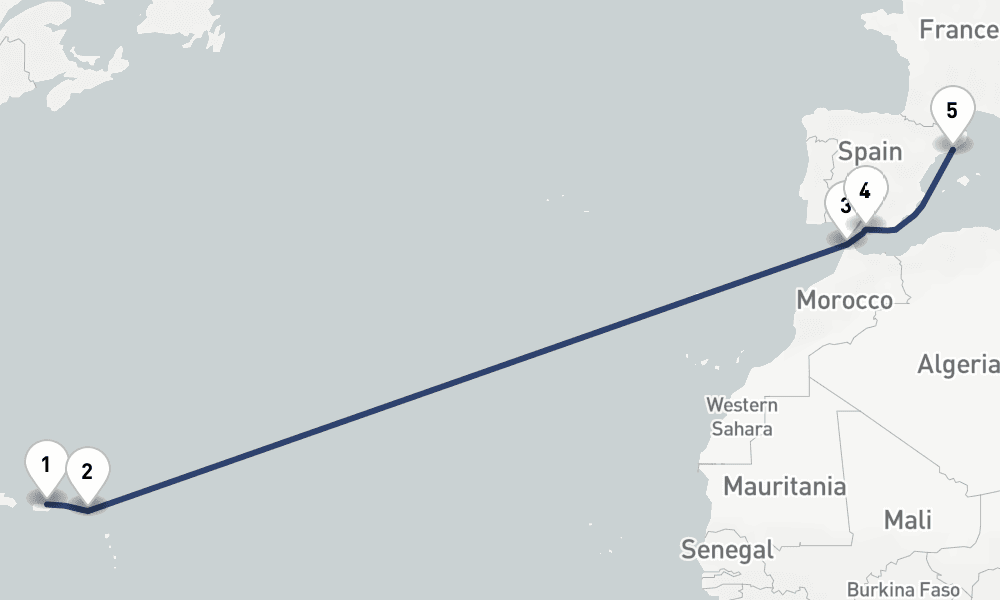 13 days, one-way from San Juan to Barcelona 14日間
