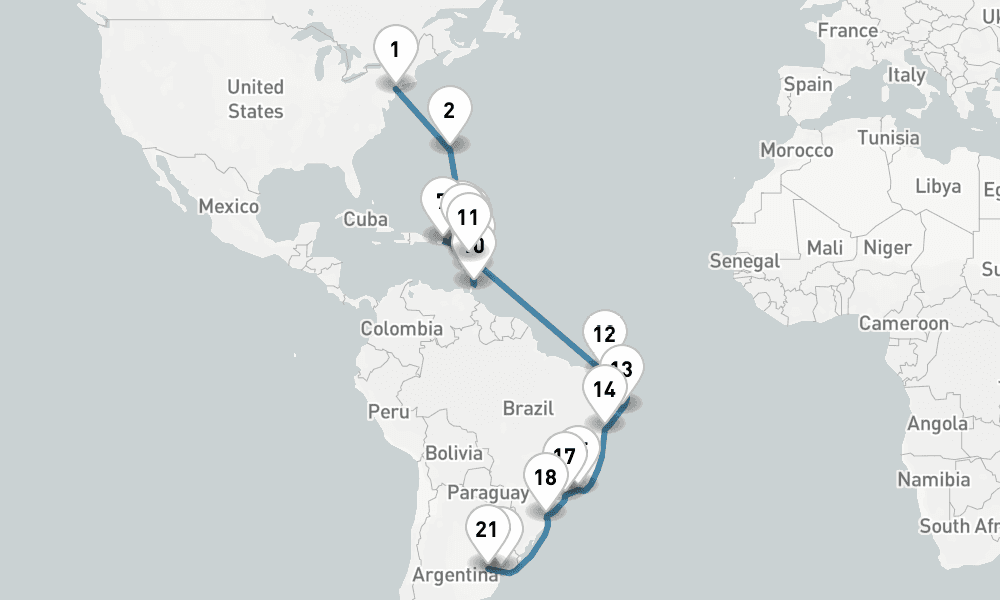 30 days, one-way from New York to Buenos Aires 31日間