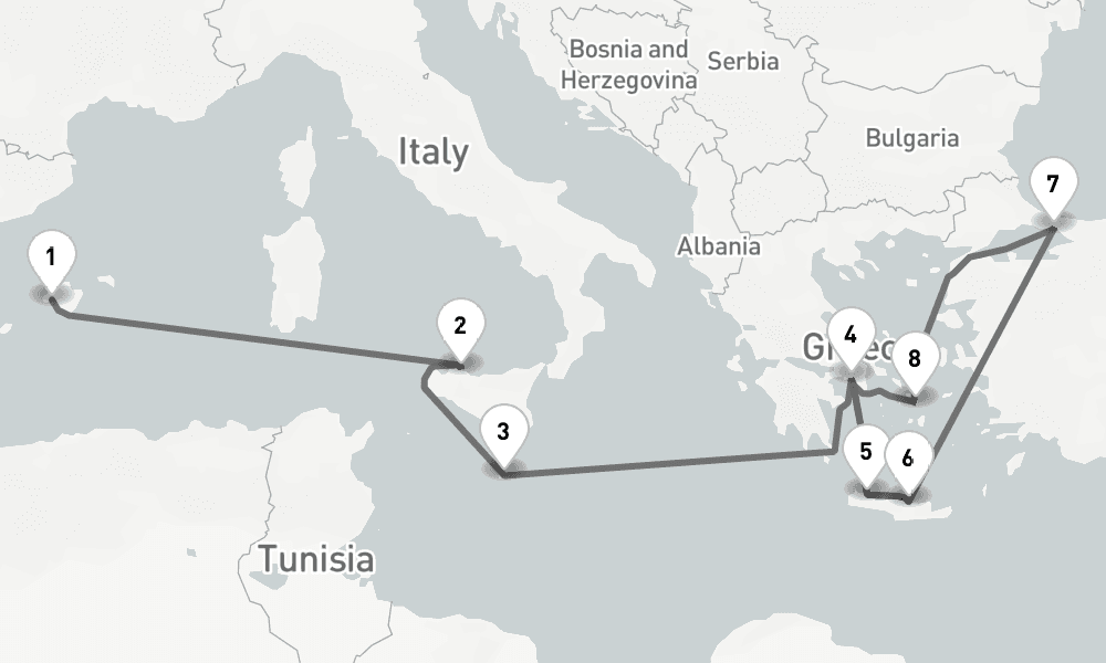 14 days, one-way from Palma de Mallorca to Heraklion 15日間