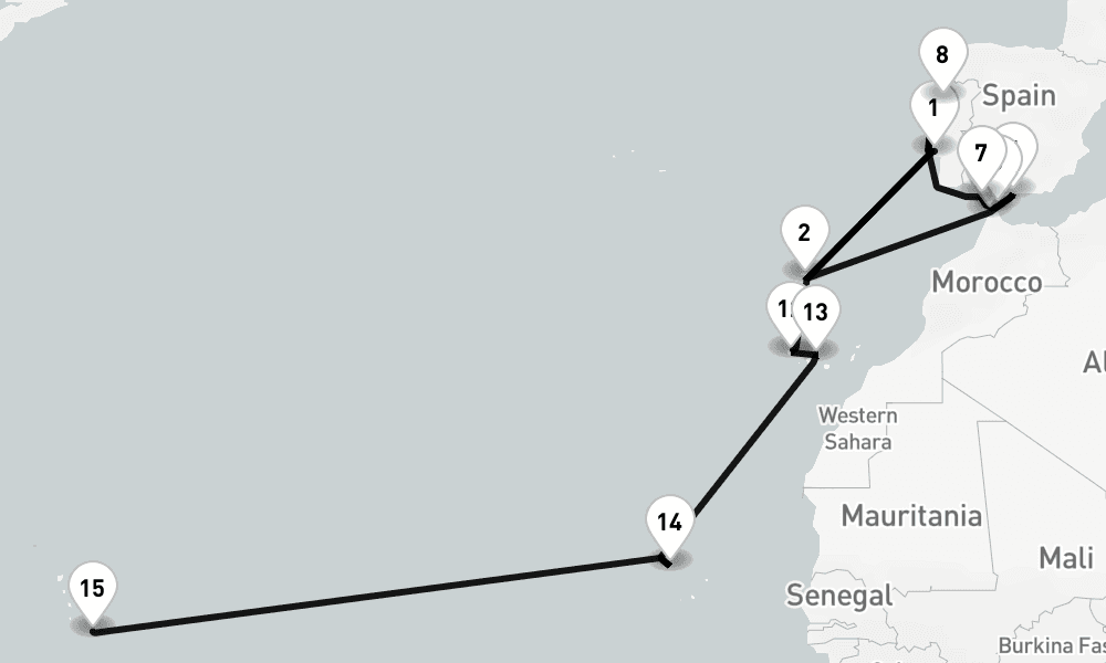 25 days, one-way from Lisbon to Bridgetown 26日間
