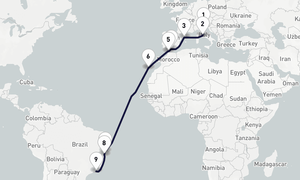 20 days, one-way from Venice to Rio de Janeiro 21日間