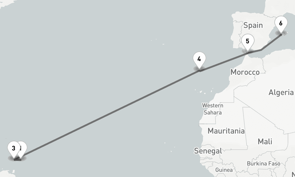 14 days, one-way from Bridgetown to Palma de Mallorca 15日間