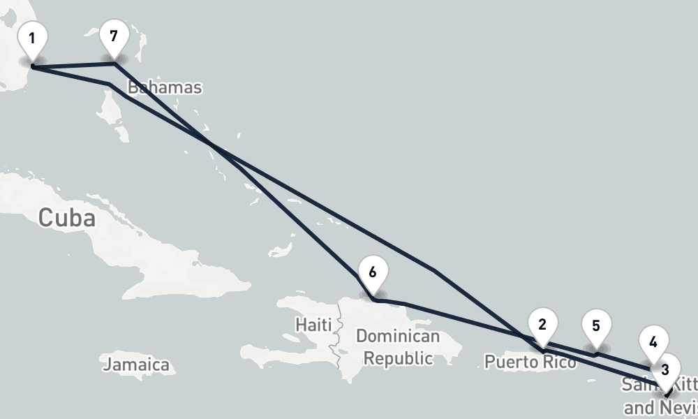 10 days, round-trip Golden Caribbean Strands Miami to Miami 11日間