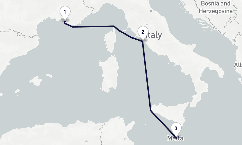 3 days, one-way from Marseille to Valletta 4日間