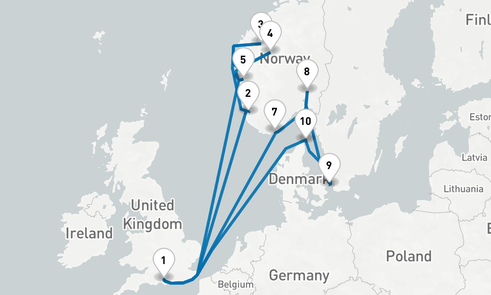 14 days, round-trip Norwegian Fjords Scandinavia 15日間