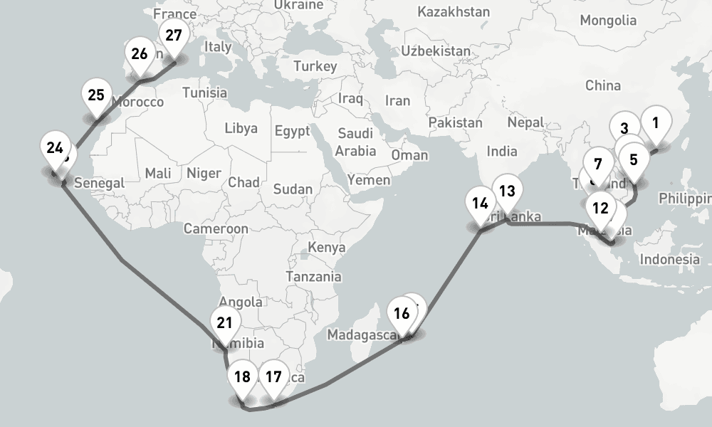 57 days, one-way from Hong Kong to Palma de Mallorca 58日間