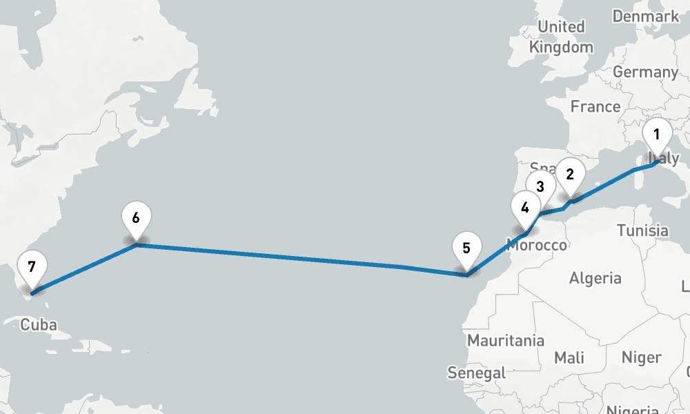 15 days, one-way from Civitavecchia-Rome to Fort Lauderdale 16日間