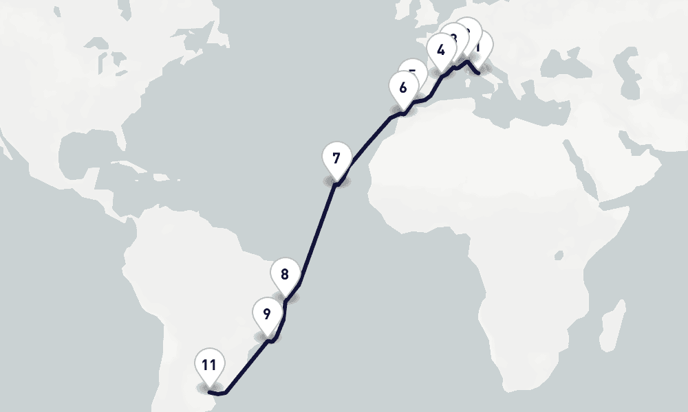 22 days, one-way from Civitavecchia-Rome to Buenos Aires 23日間