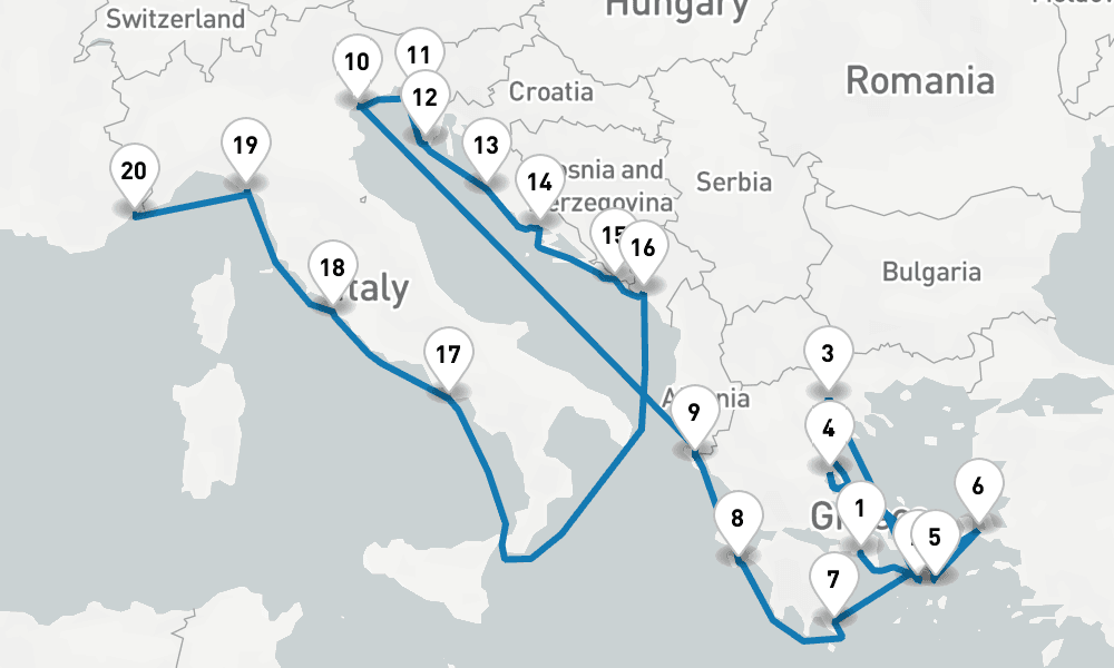 21 days, one-way from Piraeus-Athens to Villefranche-sur-Mer 22日間