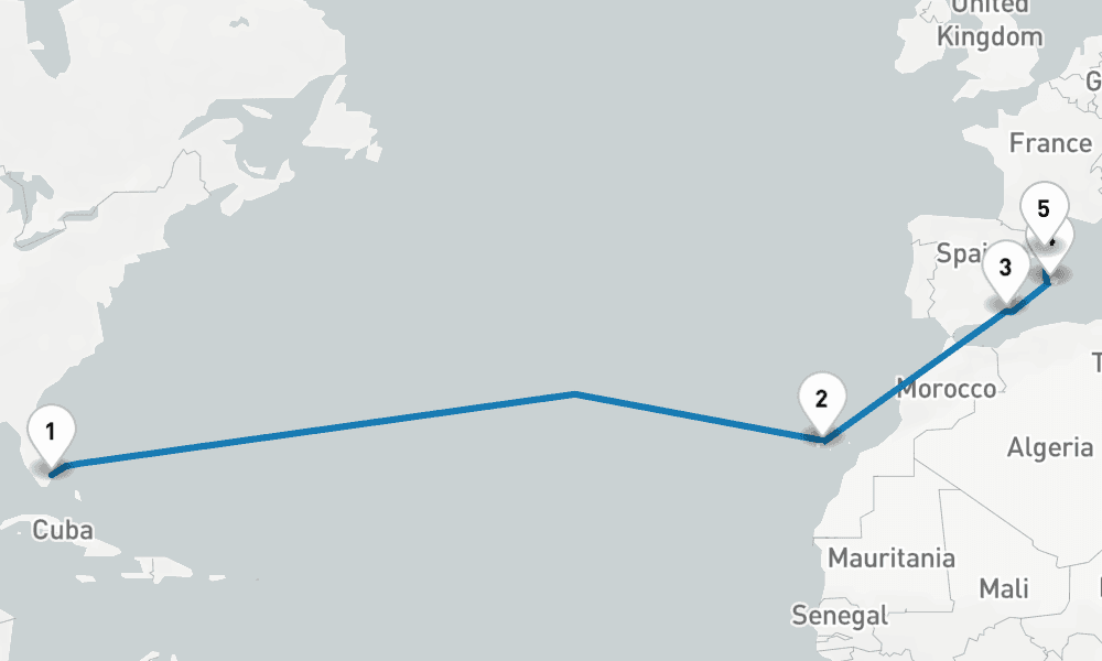 14 days, one-way from Fort Lauderdale to Barcelona 15日間