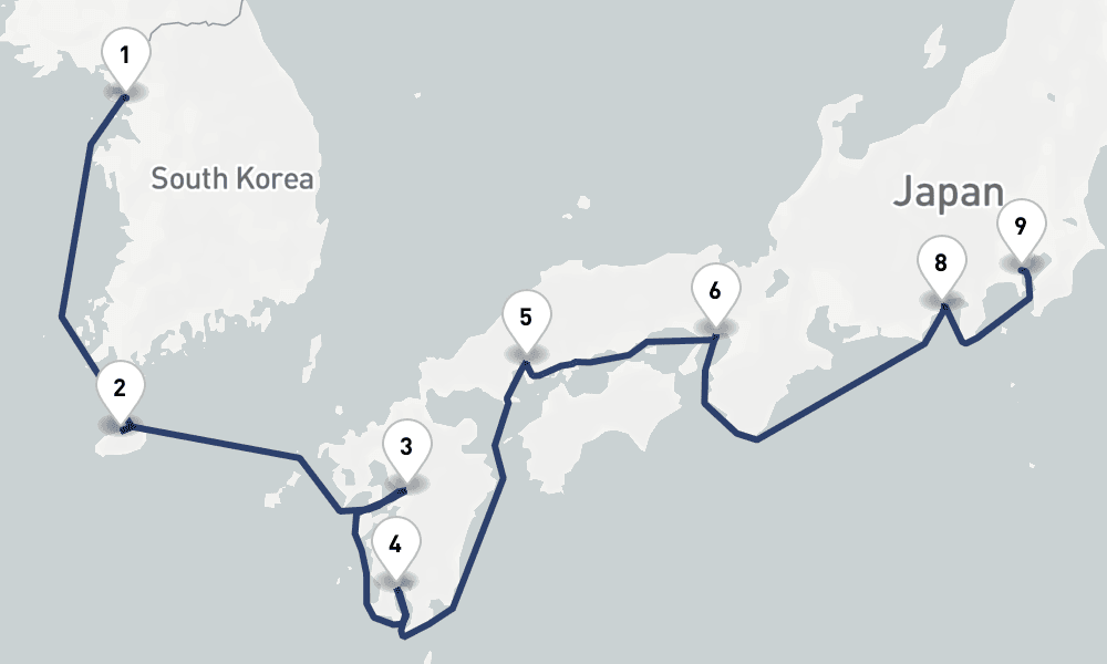 12 days, one-way from Incheon to Yokohama 13日間