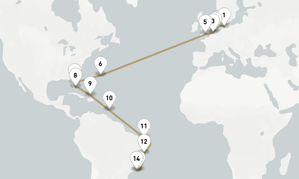 34 days, one-way from Hamburg to Rio de Janeiro 35日間